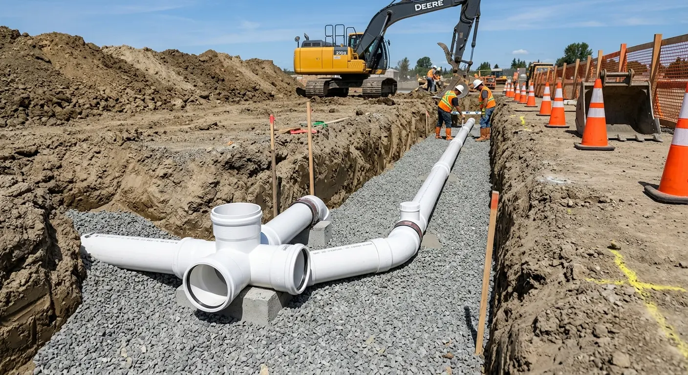 New PVC sewer pipe installation in open trench for Grease Trap Cleaning in Dowagiac