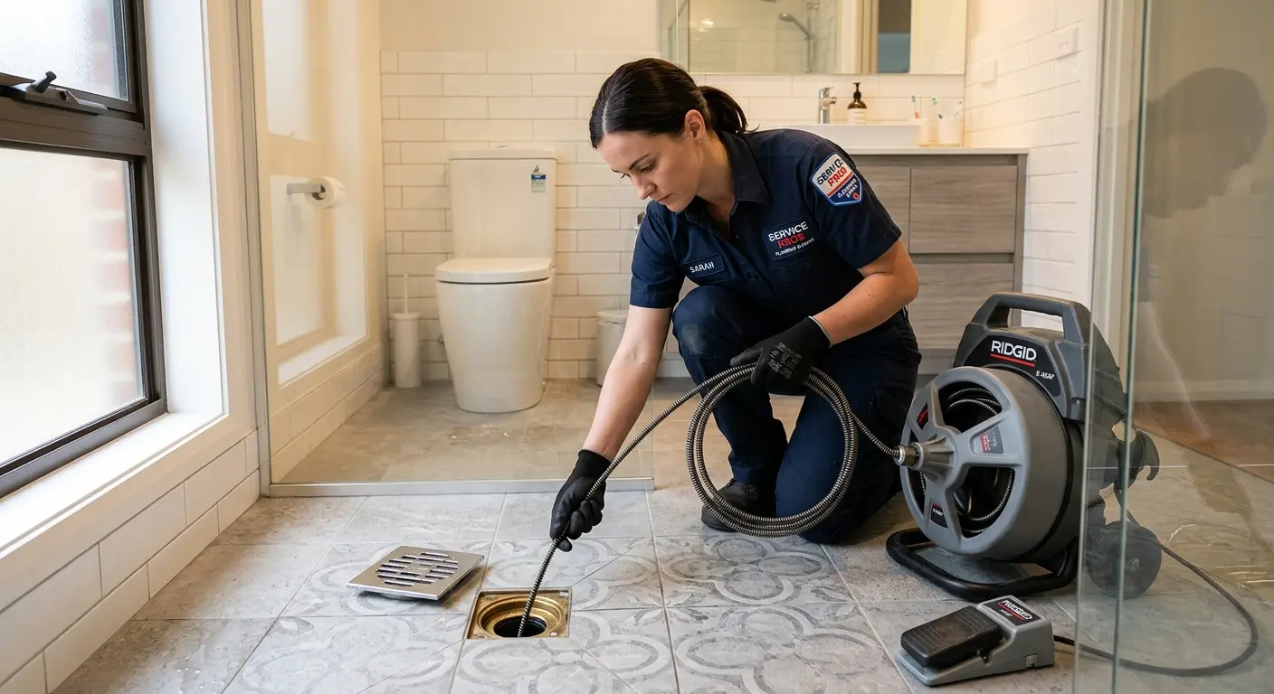 Technician clearing a bathroom floor drain for Drain Cleaning in Dowagiac
